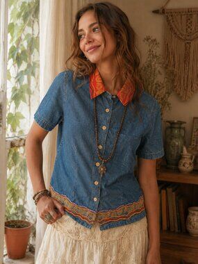 Stonebridge - Whimsical Art to Wear Vintage Denim Button Up - S